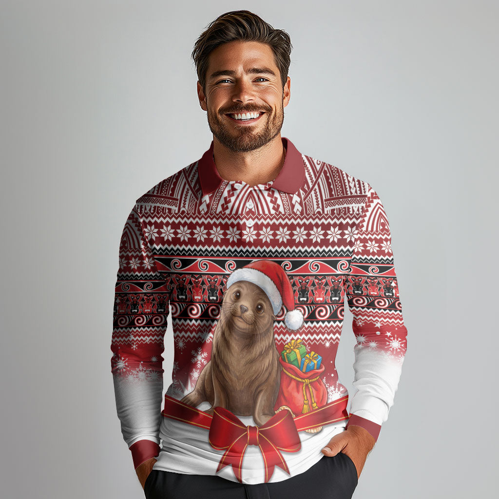New Zealand Kekeno Seal Christmas Long Sleeve Polo Shirt Maori Inspired Knitted Patterns