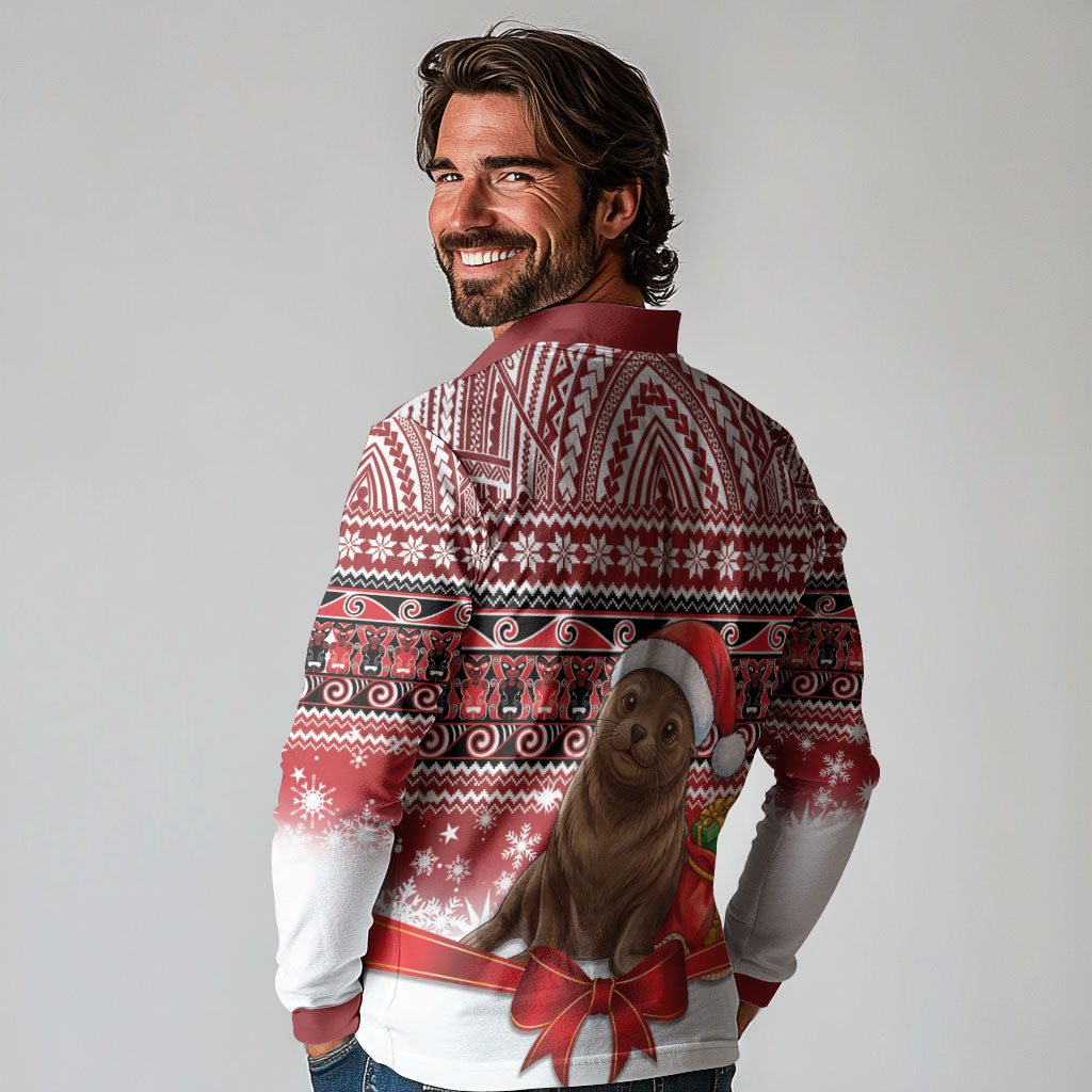 New Zealand Kekeno Seal Christmas Long Sleeve Polo Shirt Maori Inspired Knitted Patterns