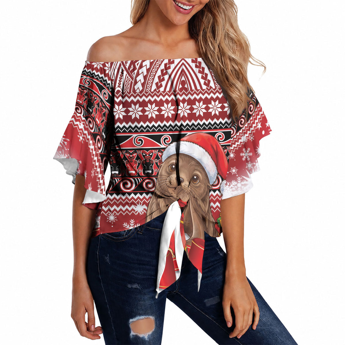 New Zealand Kekeno Seal Christmas Off Shoulder Wrap Waist Top Maori Inspired Knitted Patterns