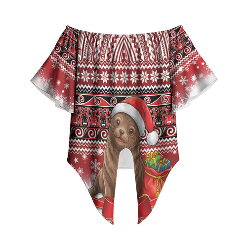 New Zealand Kekeno Seal Christmas Off Shoulder Wrap Waist Top Maori Inspired Knitted Patterns