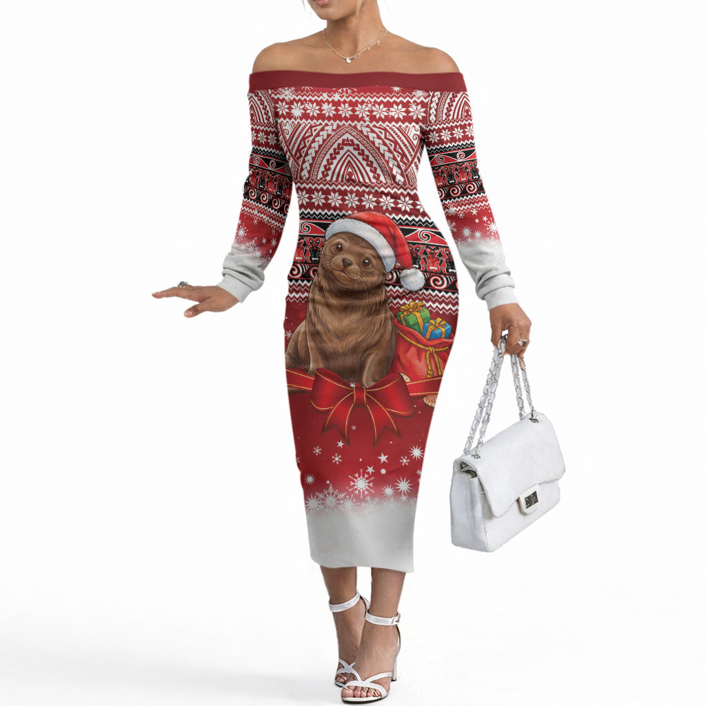 New Zealand Kekeno Seal Christmas Off The Shoulder Long Sleeve Dress Maori Inspired Knitted Patterns