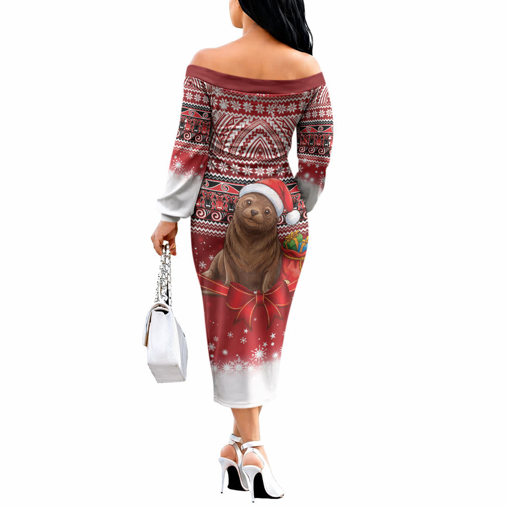 New Zealand Kekeno Seal Christmas Off The Shoulder Long Sleeve Dress Maori Inspired Knitted Patterns