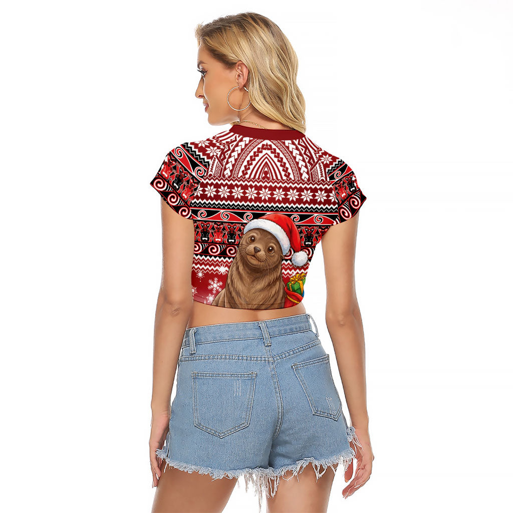 New Zealand Kekeno Seal Christmas Raglan Cropped T Shirt Maori Inspired Knitted Patterns