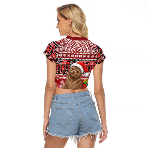 New Zealand Kekeno Seal Christmas Raglan Cropped T Shirt Maori Inspired Knitted Patterns