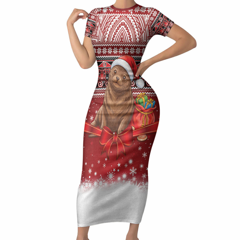 New Zealand Kekeno Seal Christmas Short Sleeve Bodycon Dress Maori Inspired Knitted Patterns