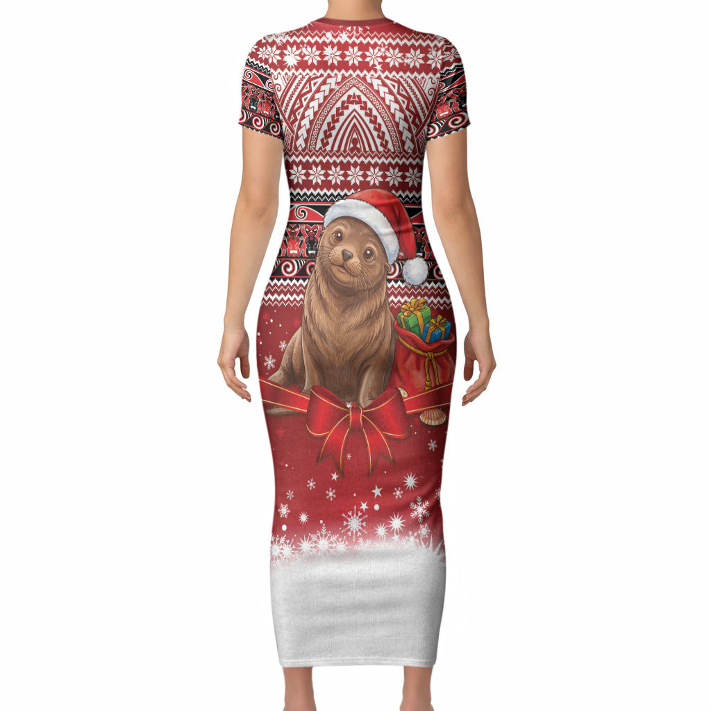 New Zealand Kekeno Seal Christmas Short Sleeve Bodycon Dress Maori Inspired Knitted Patterns