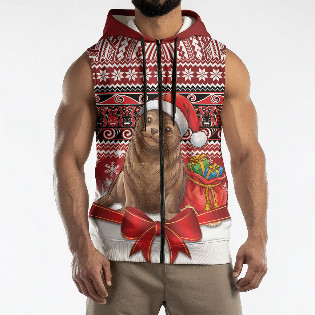 New Zealand Kekeno Seal Christmas Sleeveless Zip Hoodie Maori Inspired Knitted Patterns