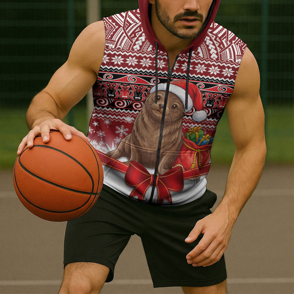 New Zealand Kekeno Seal Christmas Sleeveless Zip Hoodie Maori Inspired Knitted Patterns