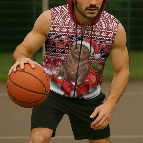 New Zealand Kekeno Seal Christmas Sleeveless Zip Hoodie Maori Inspired Knitted Patterns