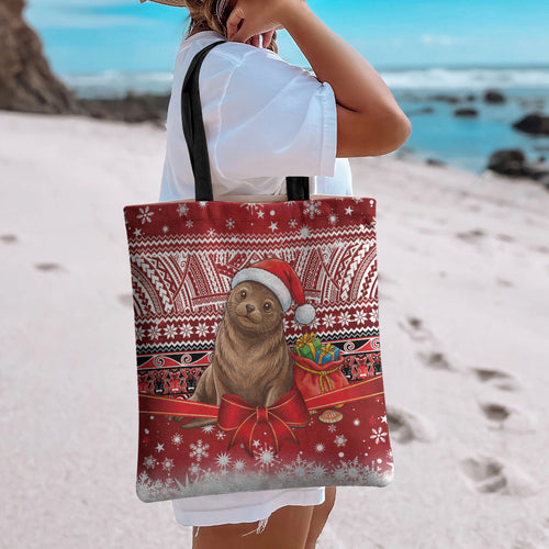 New Zealand Kekeno Seal Christmas Tote Bag Maori Inspired Knitted Patterns