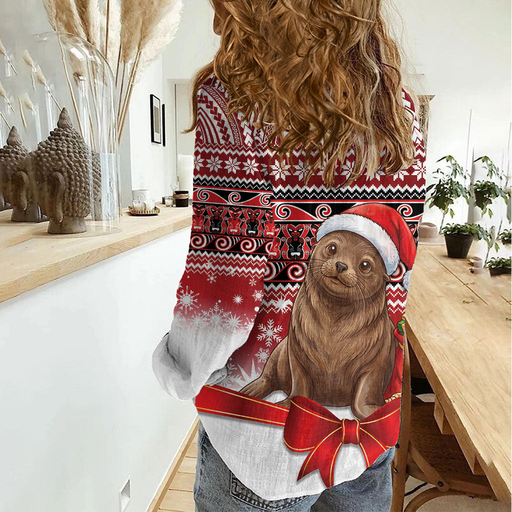 New Zealand Kekeno Seal Christmas Women Casual Shirt Maori Inspired Knitted Patterns