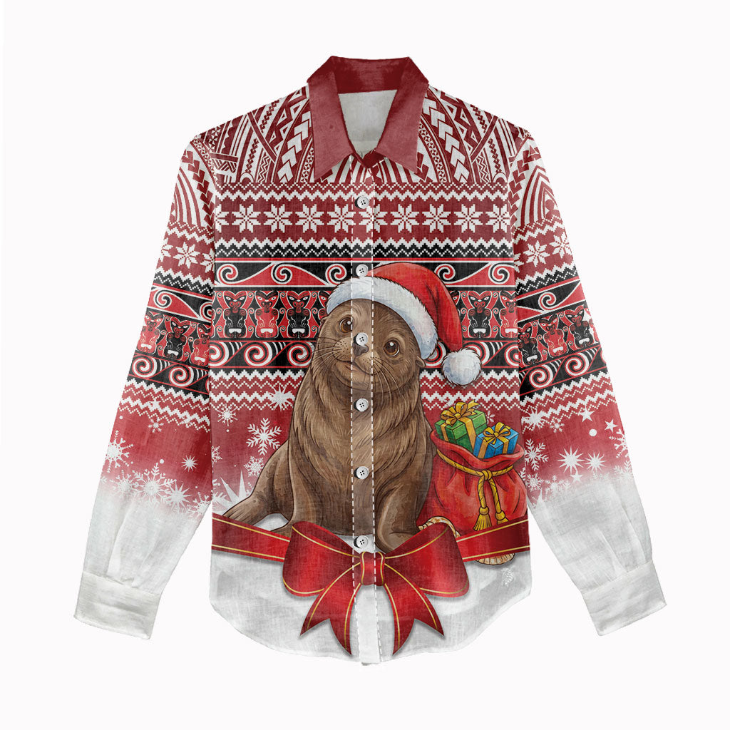 New Zealand Kekeno Seal Christmas Women Casual Shirt Maori Inspired Knitted Patterns