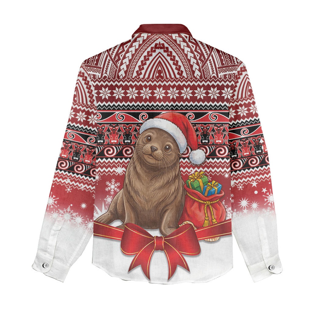 New Zealand Kekeno Seal Christmas Women Casual Shirt Maori Inspired Knitted Patterns