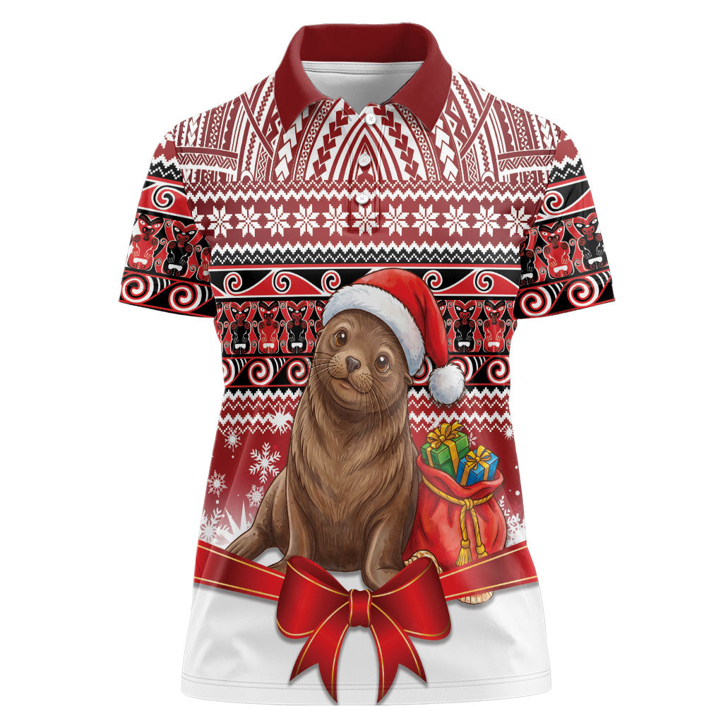 New Zealand Kekeno Seal Christmas Women Polo Shirt Maori Inspired Knitted Patterns