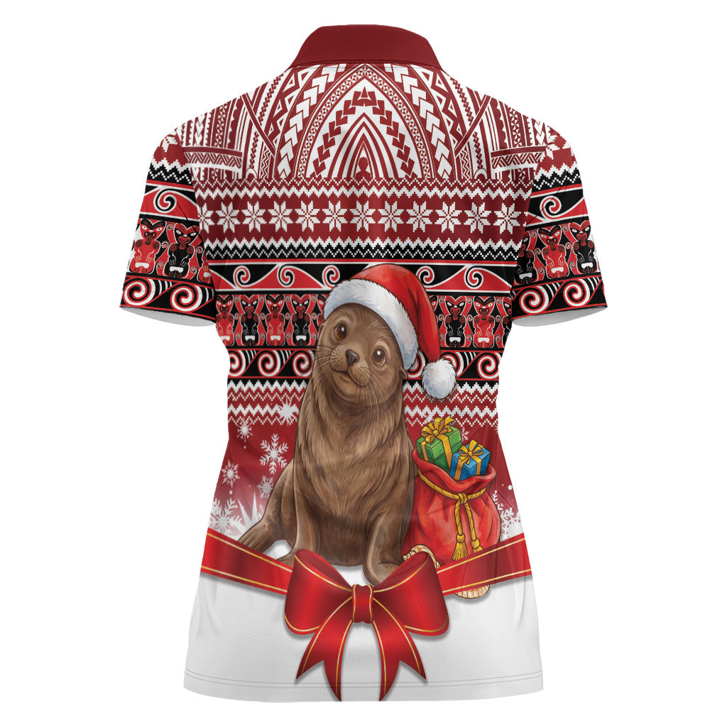 New Zealand Kekeno Seal Christmas Women Polo Shirt Maori Inspired Knitted Patterns