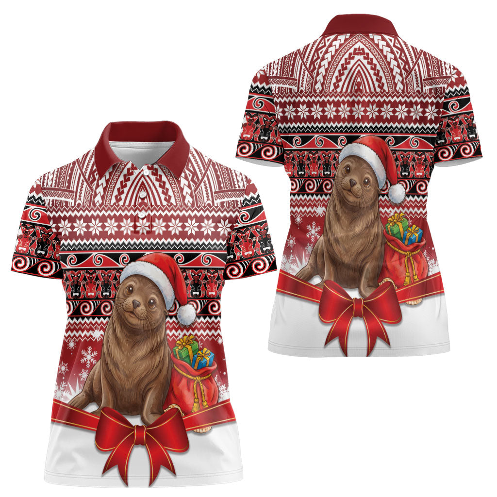 New Zealand Kekeno Seal Christmas Women Polo Shirt Maori Inspired Knitted Patterns