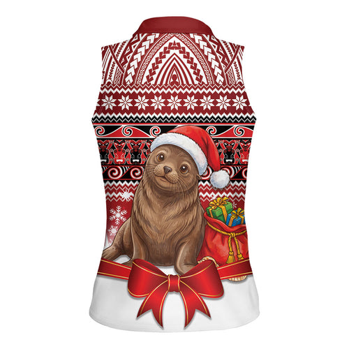 New Zealand Kekeno Seal Christmas Women Sleeveless Polo Shirt Maori Inspired Knitted Patterns
