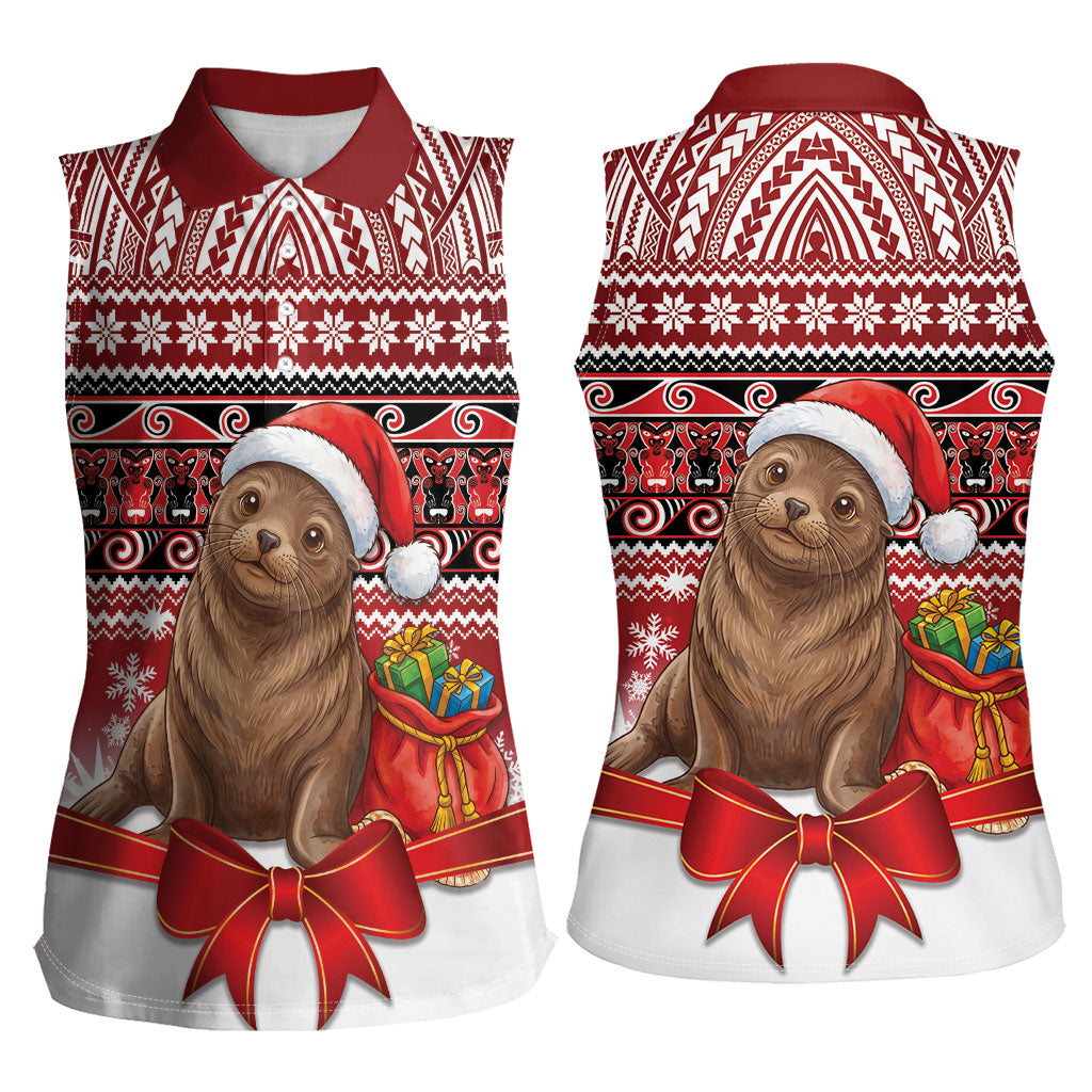 New Zealand Kekeno Seal Christmas Women Sleeveless Polo Shirt Maori Inspired Knitted Patterns