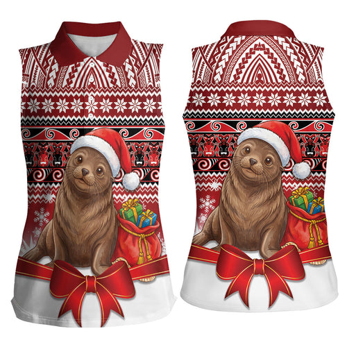 New Zealand Kekeno Seal Christmas Women Sleeveless Polo Shirt Maori Inspired Knitted Patterns