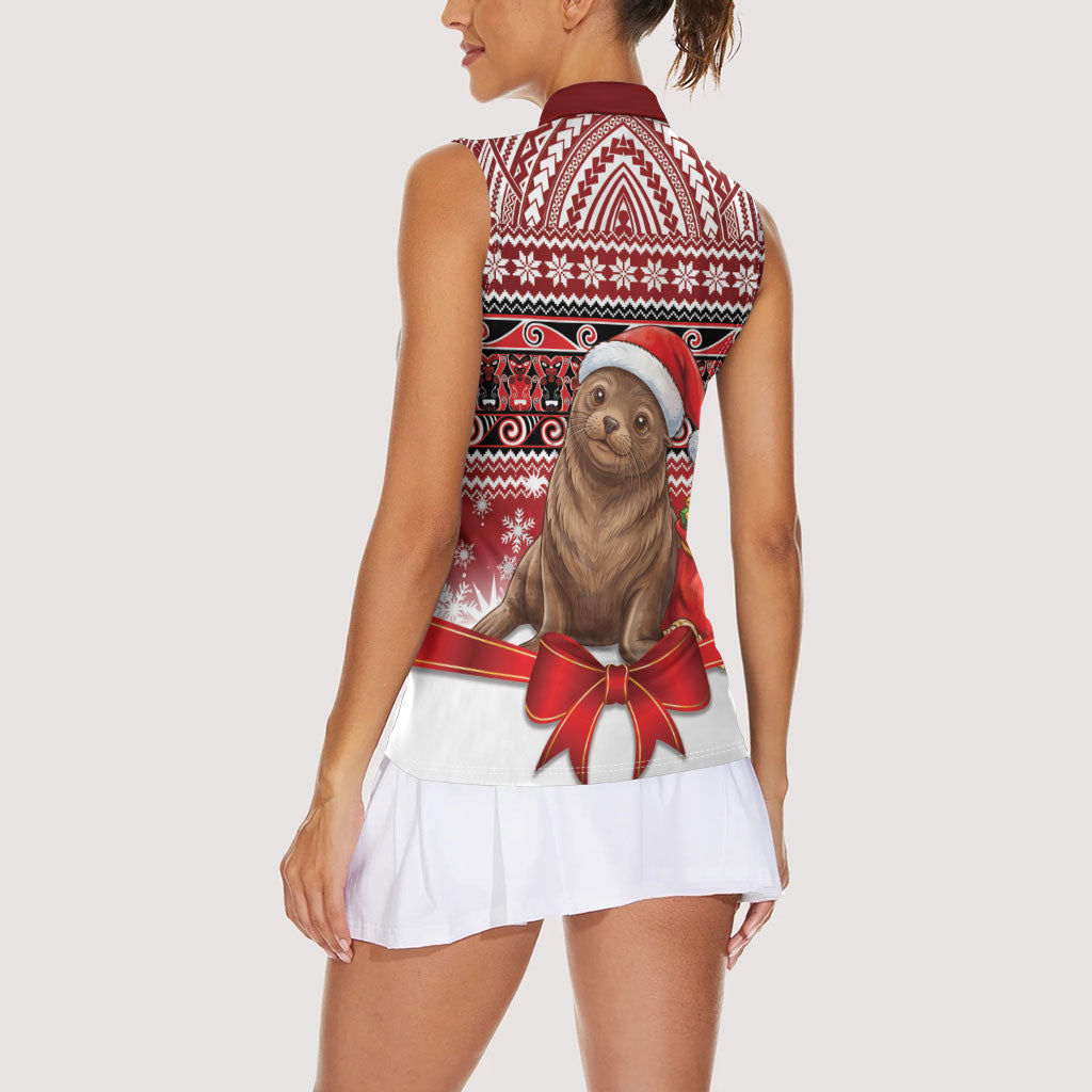 New Zealand Kekeno Seal Christmas Women Sleeveless Polo Shirt Maori Inspired Knitted Patterns