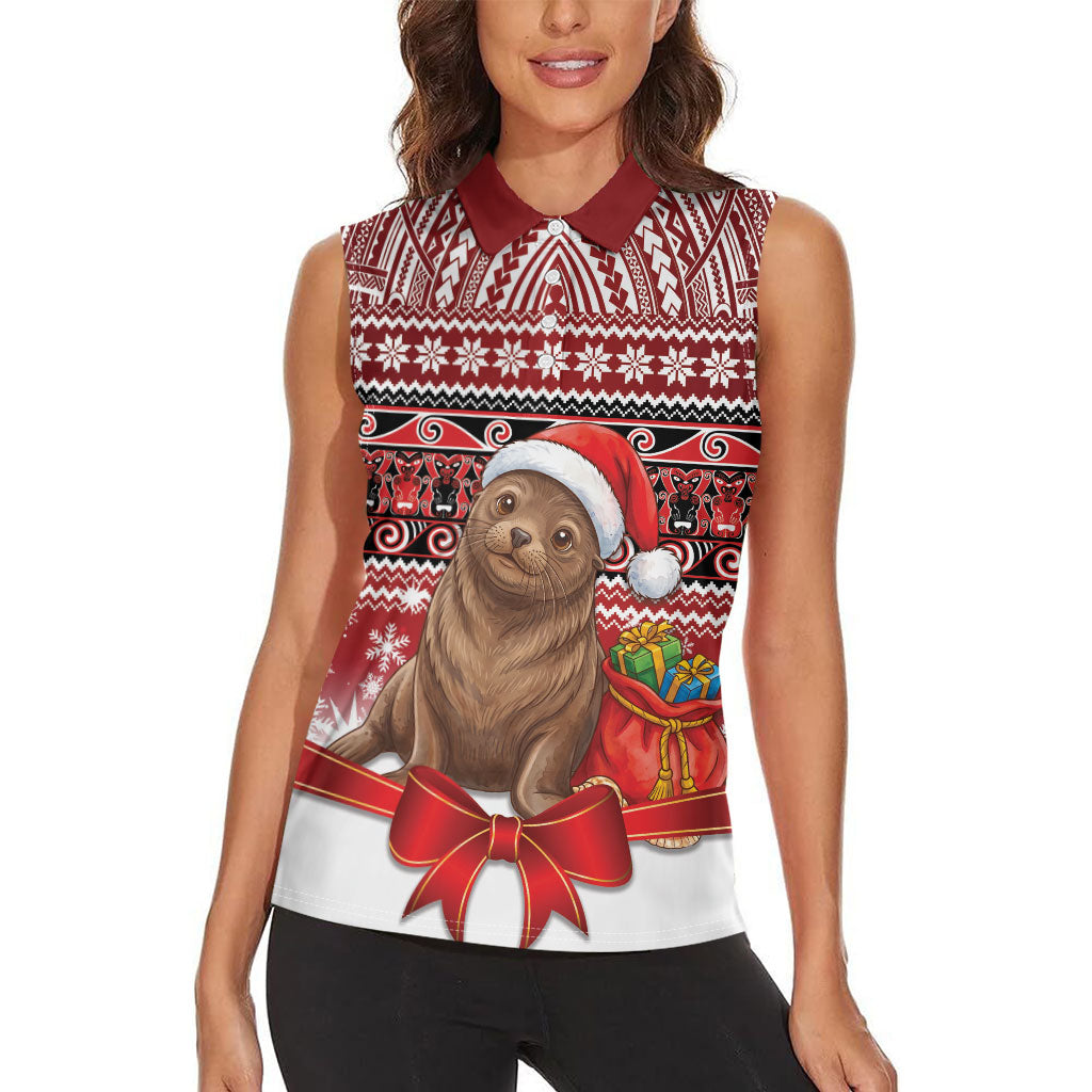 New Zealand Kekeno Seal Christmas Women Sleeveless Polo Shirt Maori Inspired Knitted Patterns