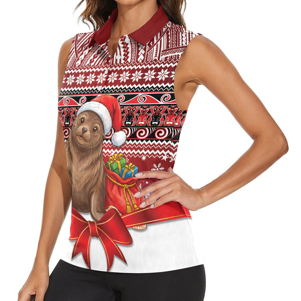 New Zealand Kekeno Seal Christmas Women Sleeveless Polo Shirt Maori Inspired Knitted Patterns