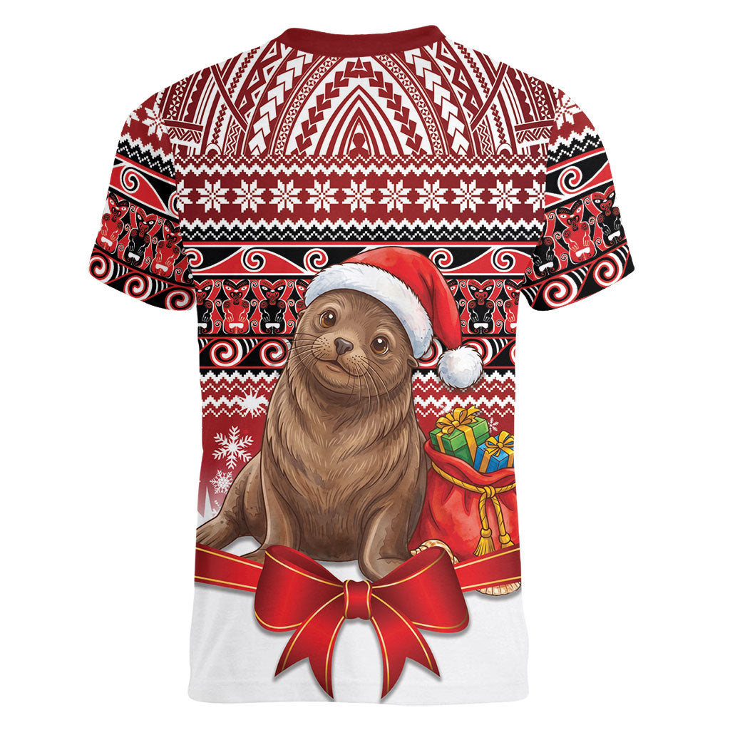 New Zealand Kekeno Seal Christmas Women V-Neck T-Shirt Maori Inspired Knitted Patterns