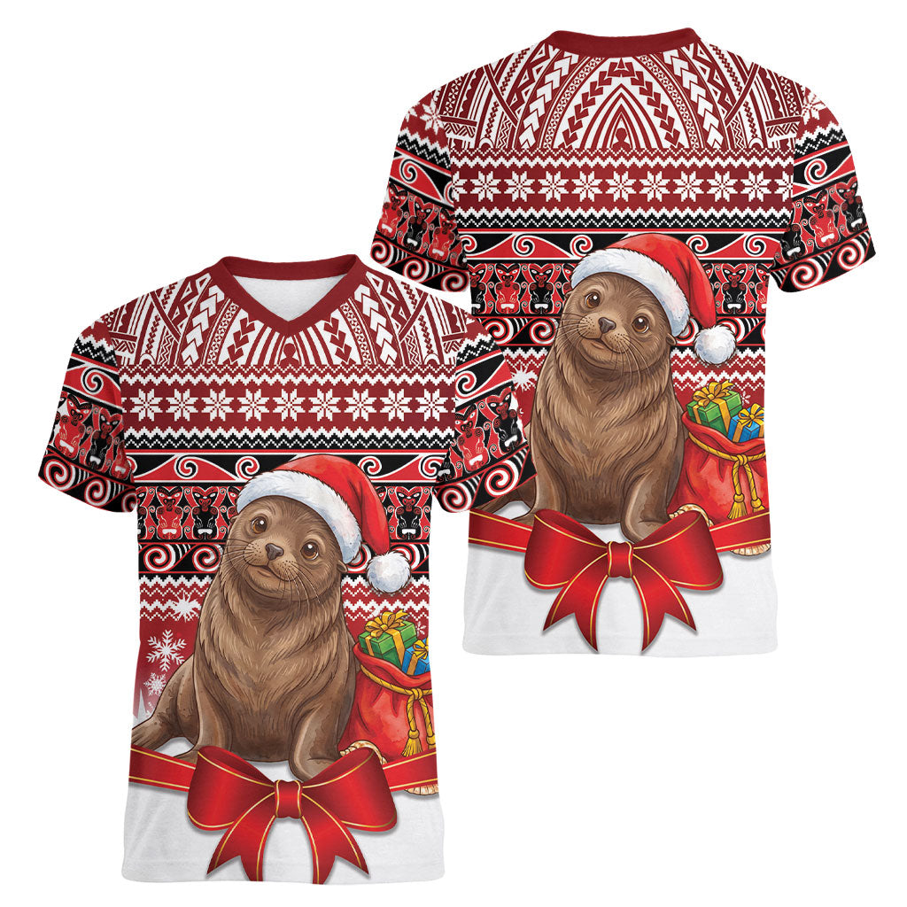 New Zealand Kekeno Seal Christmas Women V-Neck T-Shirt Maori Inspired Knitted Patterns