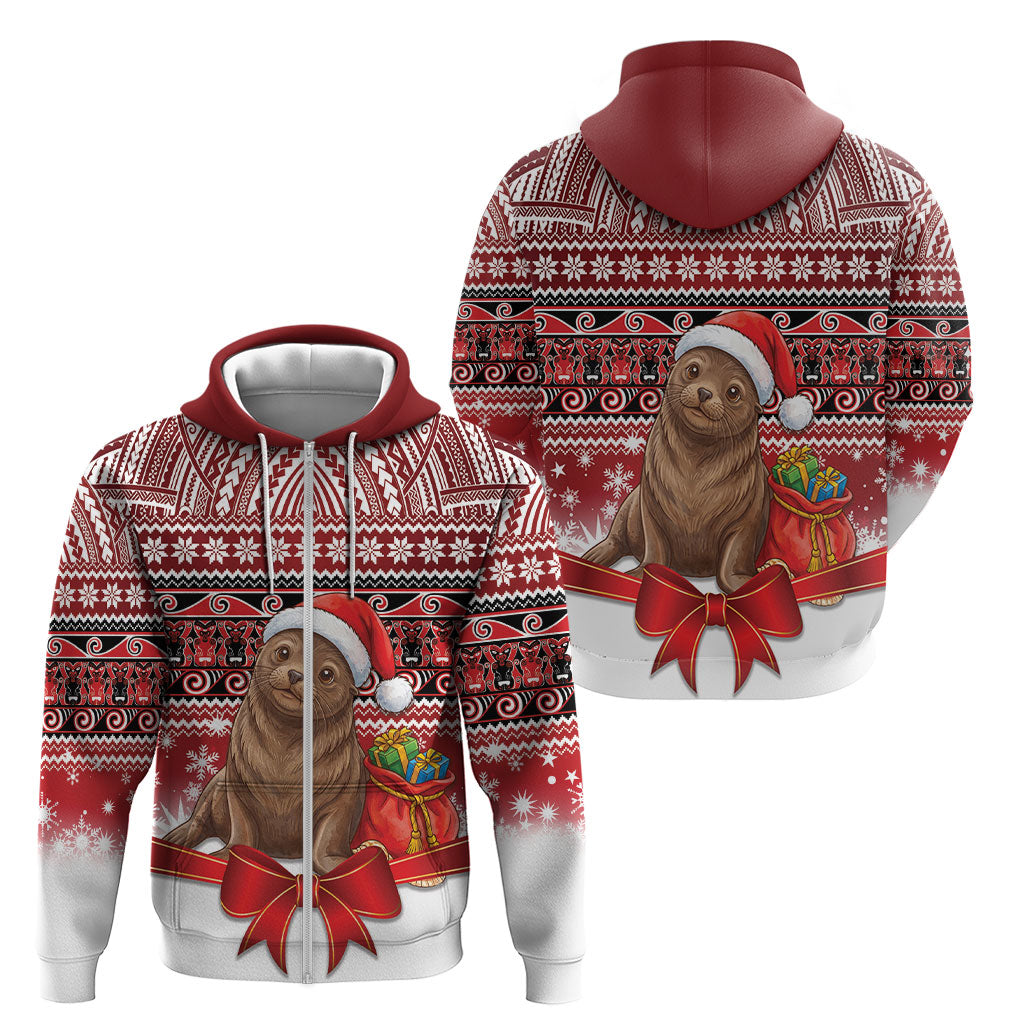 New Zealand Kekeno Seal Christmas Zip Hoodie Maori Inspired Knitted Patterns