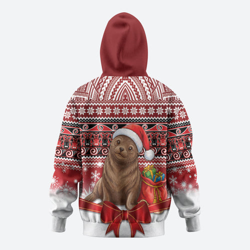 New Zealand Kekeno Seal Christmas Zip Hoodie Maori Inspired Knitted Patterns