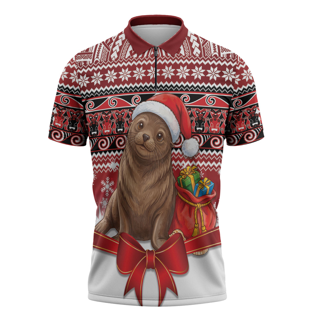 New Zealand Kekeno Seal Christmas Zipper Polo Shirt Maori Inspired Knitted Patterns