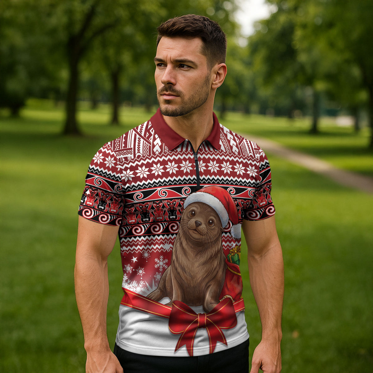 New Zealand Kekeno Seal Christmas Zipper Polo Shirt Maori Inspired Knitted Patterns
