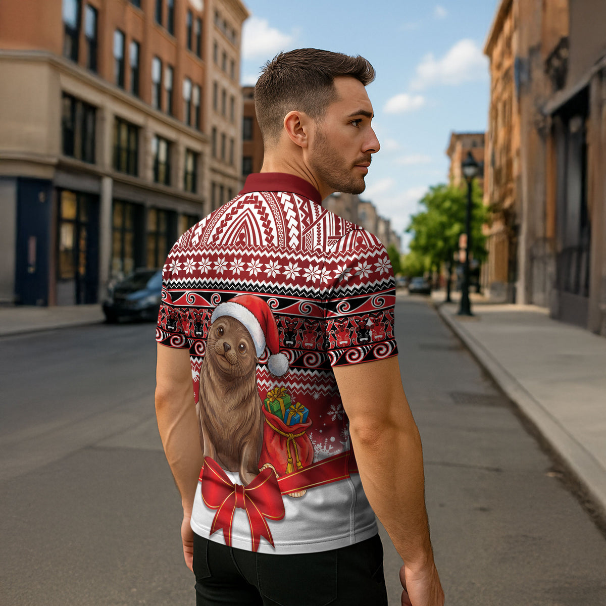 New Zealand Kekeno Seal Christmas Zipper Polo Shirt Maori Inspired Knitted Patterns