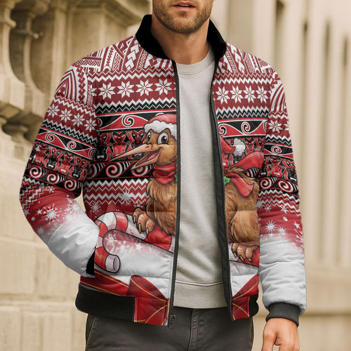 New Zealand Kiwi Bird Christmas Bomber Puffer Jacket Maori Inspired Knitted Patterns