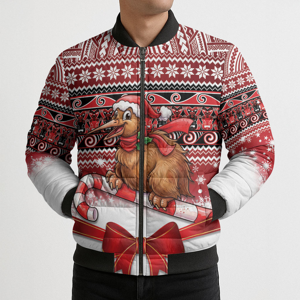 New Zealand Kiwi Bird Christmas Bomber Puffer Jacket Maori Inspired Knitted Patterns