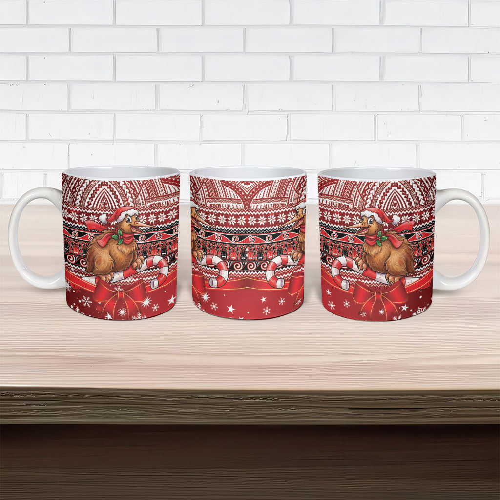 New Zealand Kiwi Bird Christmas Ceramic Mug Maori Inspired Knitted Patterns