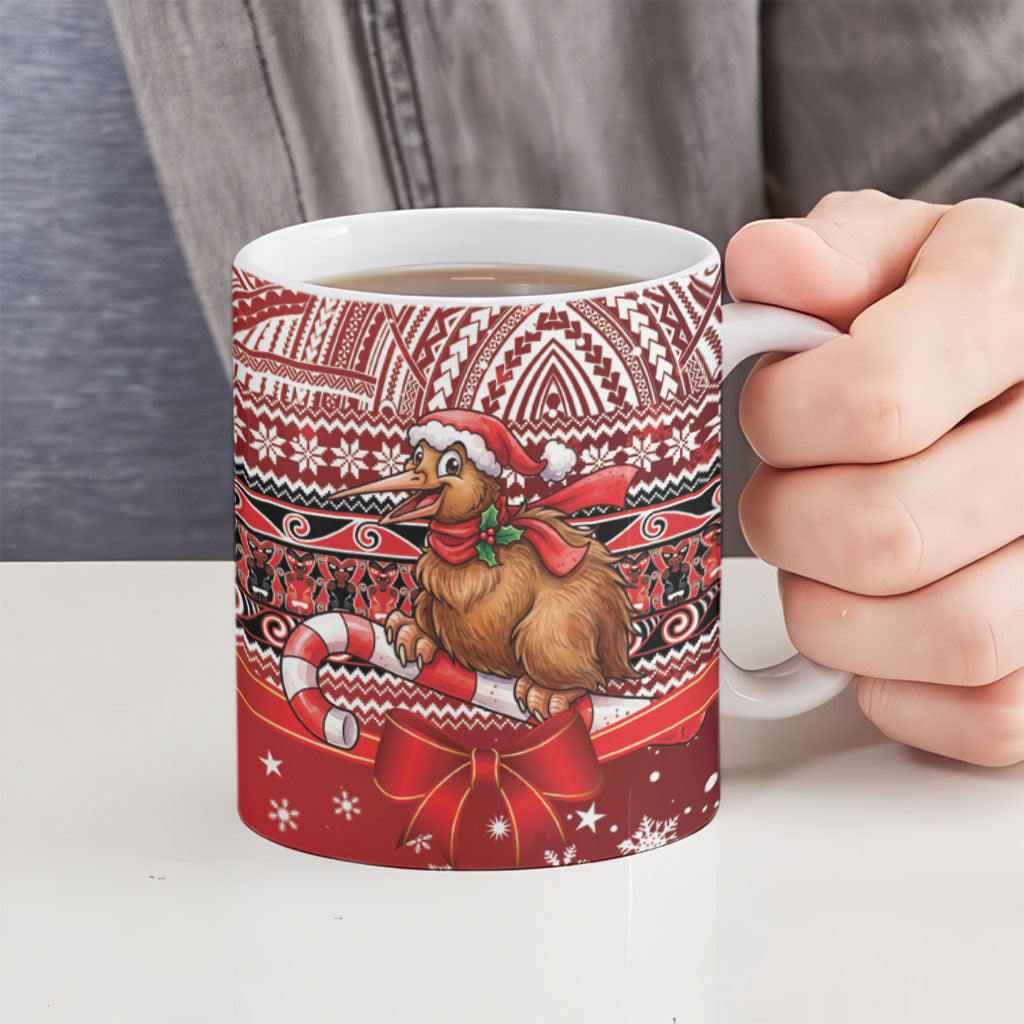 New Zealand Kiwi Bird Christmas Ceramic Mug Maori Inspired Knitted Patterns