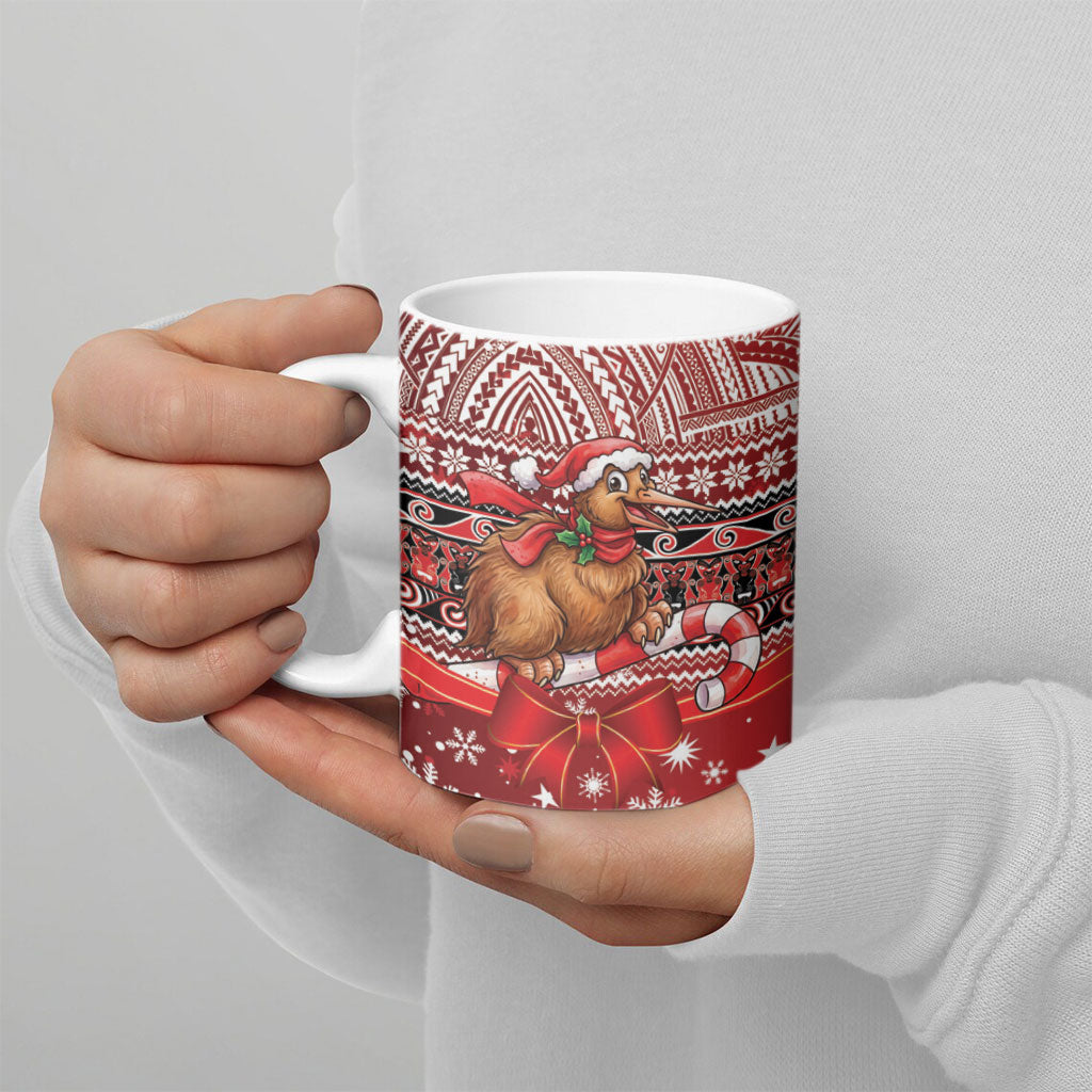 New Zealand Kiwi Bird Christmas Ceramic Mug Maori Inspired Knitted Patterns