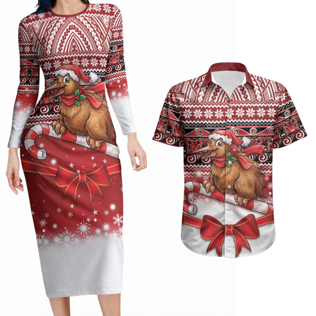 New Zealand Kiwi Bird Christmas Couples Matching Long Sleeve Bodycon Dress and Hawaiian Shirt Maori Inspired Knitted Patterns