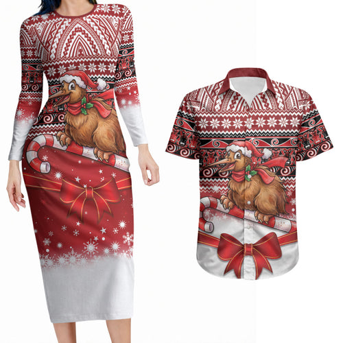 New Zealand Kiwi Bird Christmas Couples Matching Long Sleeve Bodycon Dress and Hawaiian Shirt Maori Inspired Knitted Patterns