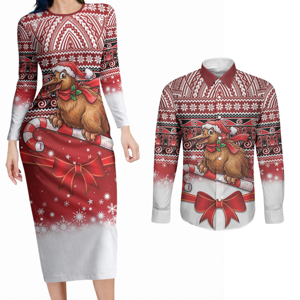 New Zealand Kiwi Bird Christmas Couples Matching Long Sleeve Bodycon Dress and Long Sleeve Button Shirt Maori Inspired Knitted Patterns