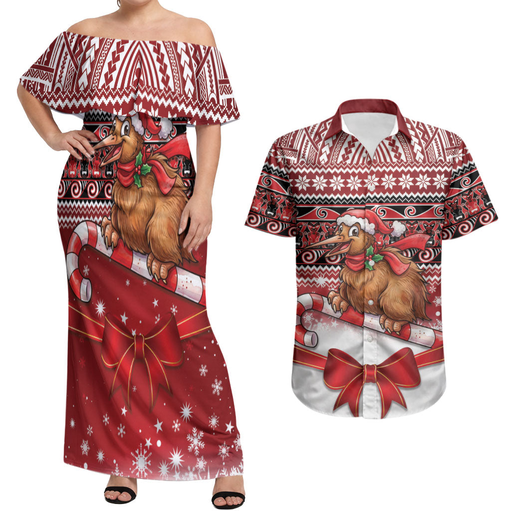 New Zealand Kiwi Bird Christmas Couples Matching Off Shoulder Maxi Dress and Hawaiian Shirt Maori Inspired Knitted Patterns