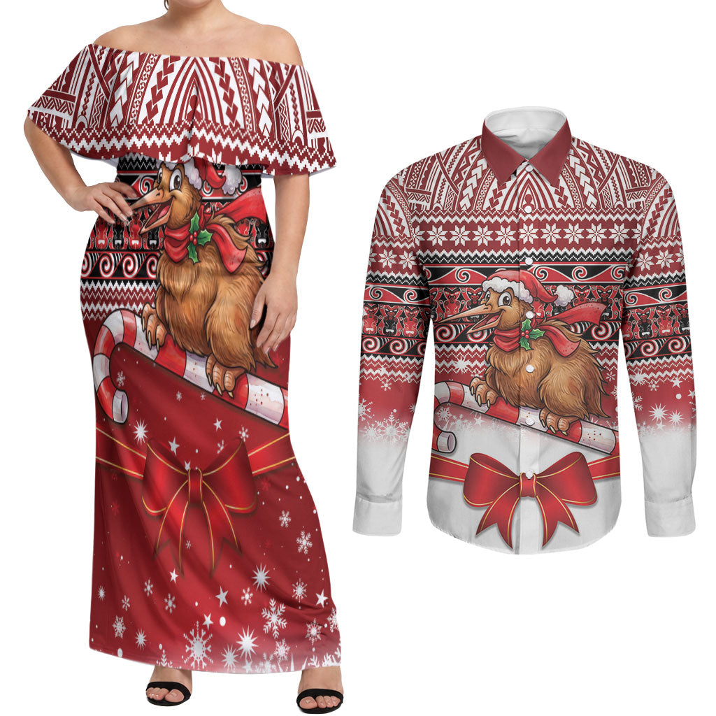 New Zealand Kiwi Bird Christmas Couples Matching Off Shoulder Maxi Dress and Long Sleeve Button Shirt Maori Inspired Knitted Patterns