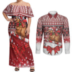 New Zealand Kiwi Bird Christmas Couples Matching Off Shoulder Maxi Dress and Long Sleeve Button Shirt Maori Inspired Knitted Patterns