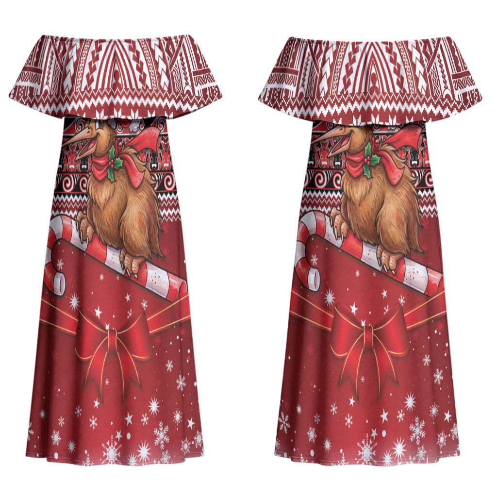 New Zealand Kiwi Bird Christmas Couples Matching Off Shoulder Maxi Dress and Long Sleeve Button Shirt Maori Inspired Knitted Patterns
