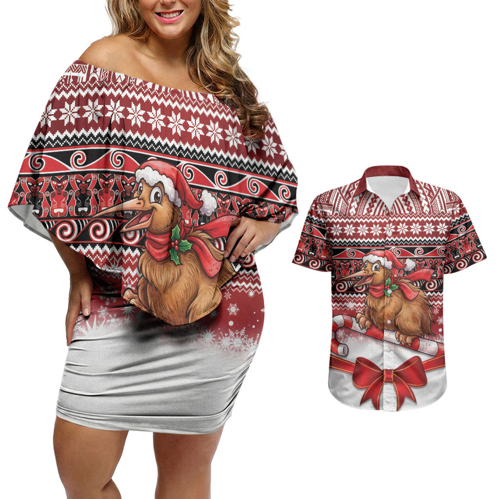New Zealand Kiwi Bird Christmas Couples Matching Off Shoulder Short Dress and Hawaiian Shirt Maori Inspired Knitted Patterns