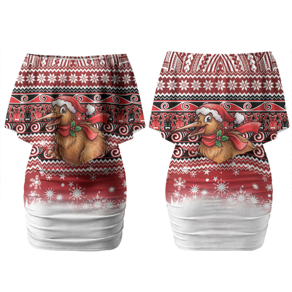 New Zealand Kiwi Bird Christmas Couples Matching Off Shoulder Short Dress and Hawaiian Shirt Maori Inspired Knitted Patterns