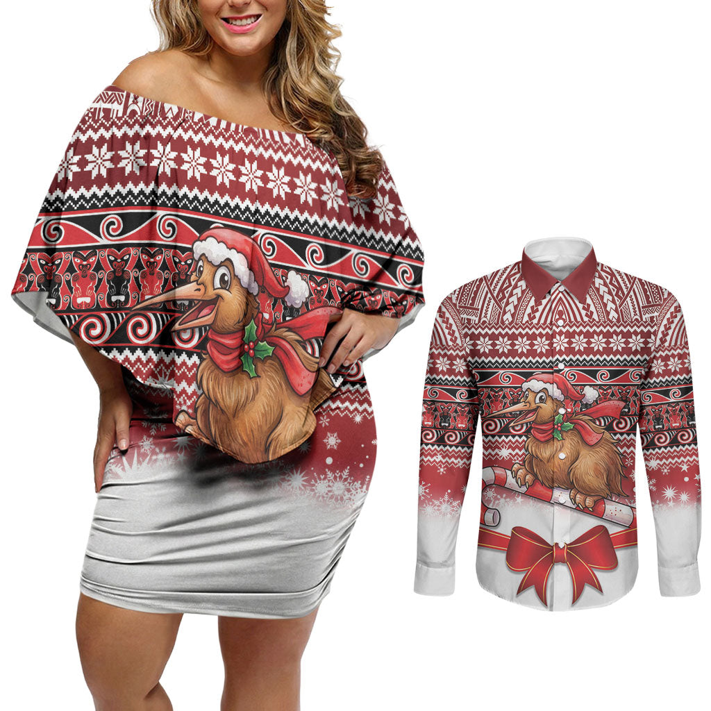 New Zealand Kiwi Bird Christmas Couples Matching Off Shoulder Short Dress and Long Sleeve Button Shirt Maori Inspired Knitted Patterns