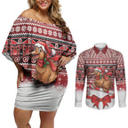 New Zealand Kiwi Bird Christmas Couples Matching Off Shoulder Short Dress and Long Sleeve Button Shirt Maori Inspired Knitted Patterns