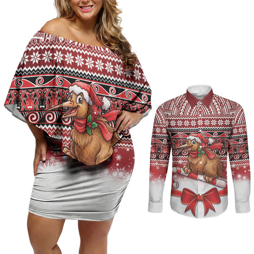New Zealand Kiwi Bird Christmas Couples Matching Off Shoulder Short Dress and Long Sleeve Button Shirt Maori Inspired Knitted Patterns